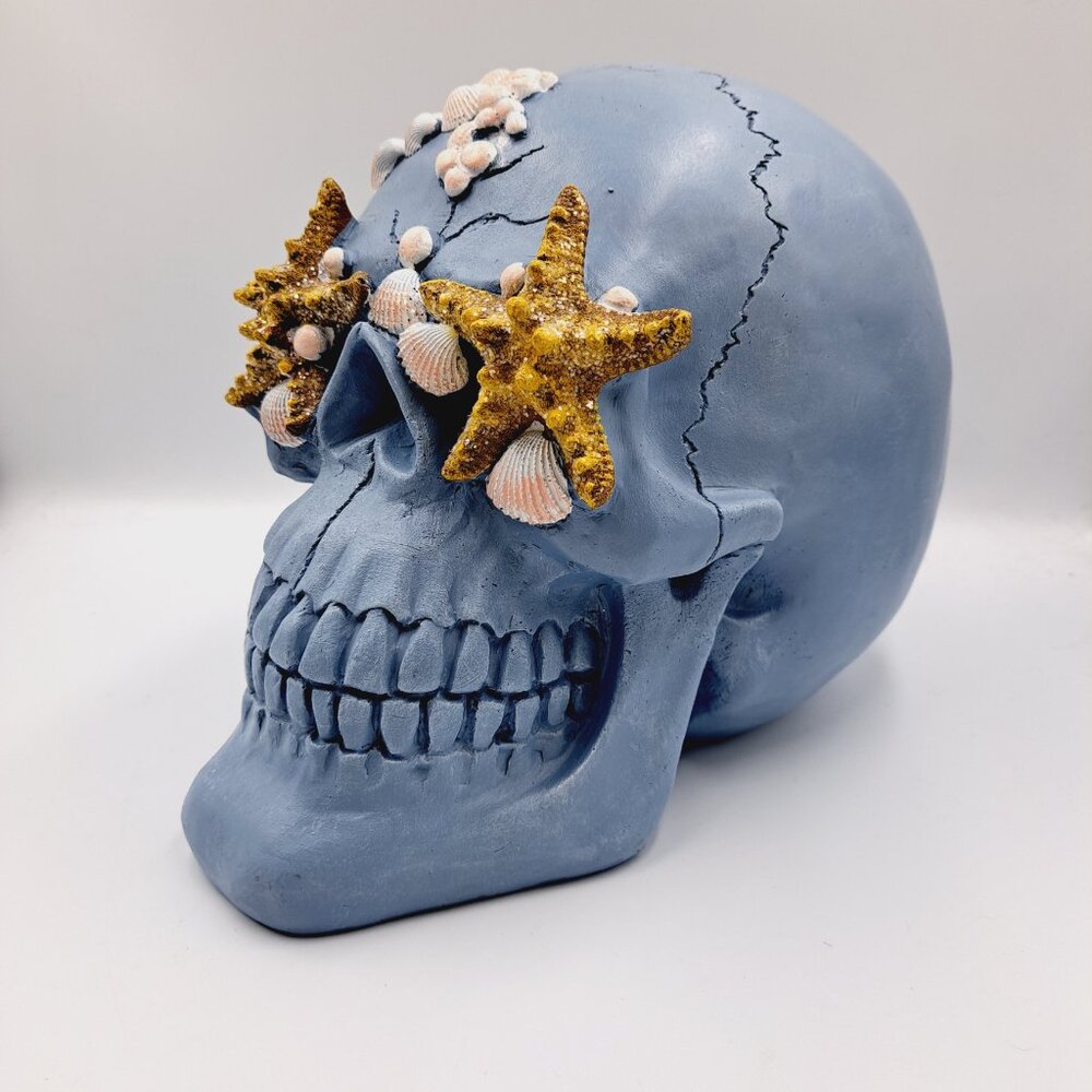 XL Blue Grey Costal Halloween Skull Decor with Glitter Beach Seashell Accents